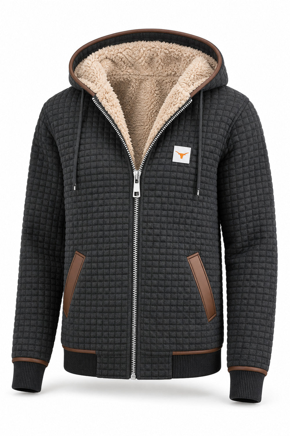 Sandra | Sherpa-Voering Gequilt Zip-Up Hooded Jacket in Antraciet – productfoto op wit