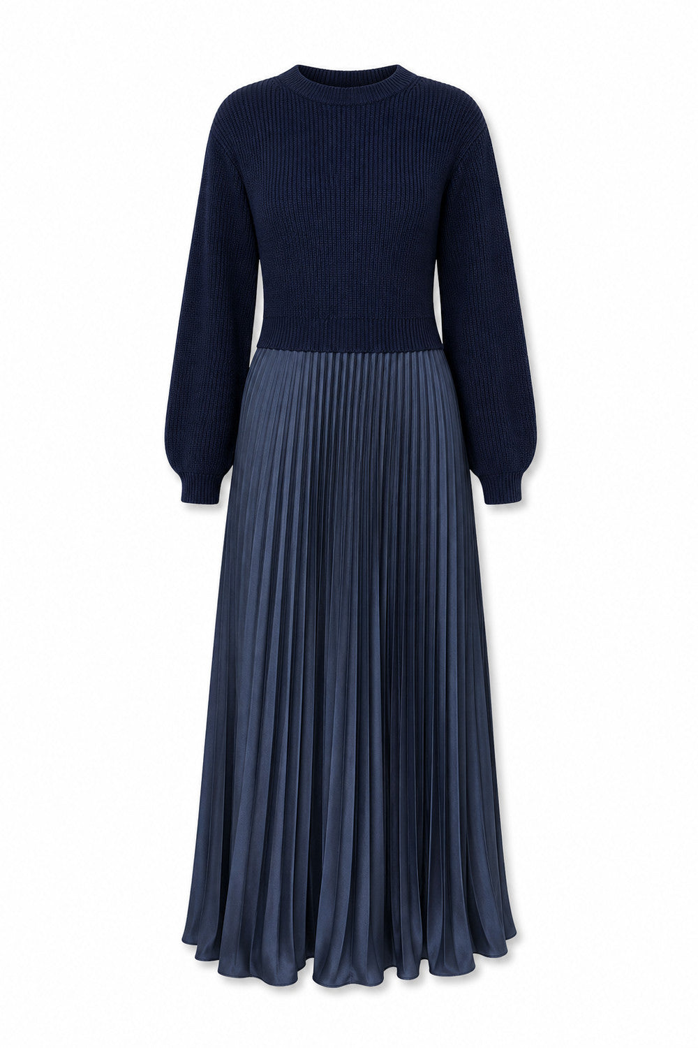 Geplooide jurk met ronde hals in Blauw – productfoto op wit