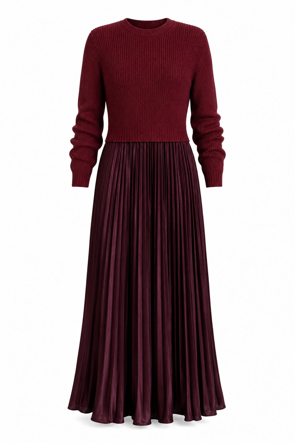 Geplooide jurk met ronde hals in Bordeaux – productfoto op wit