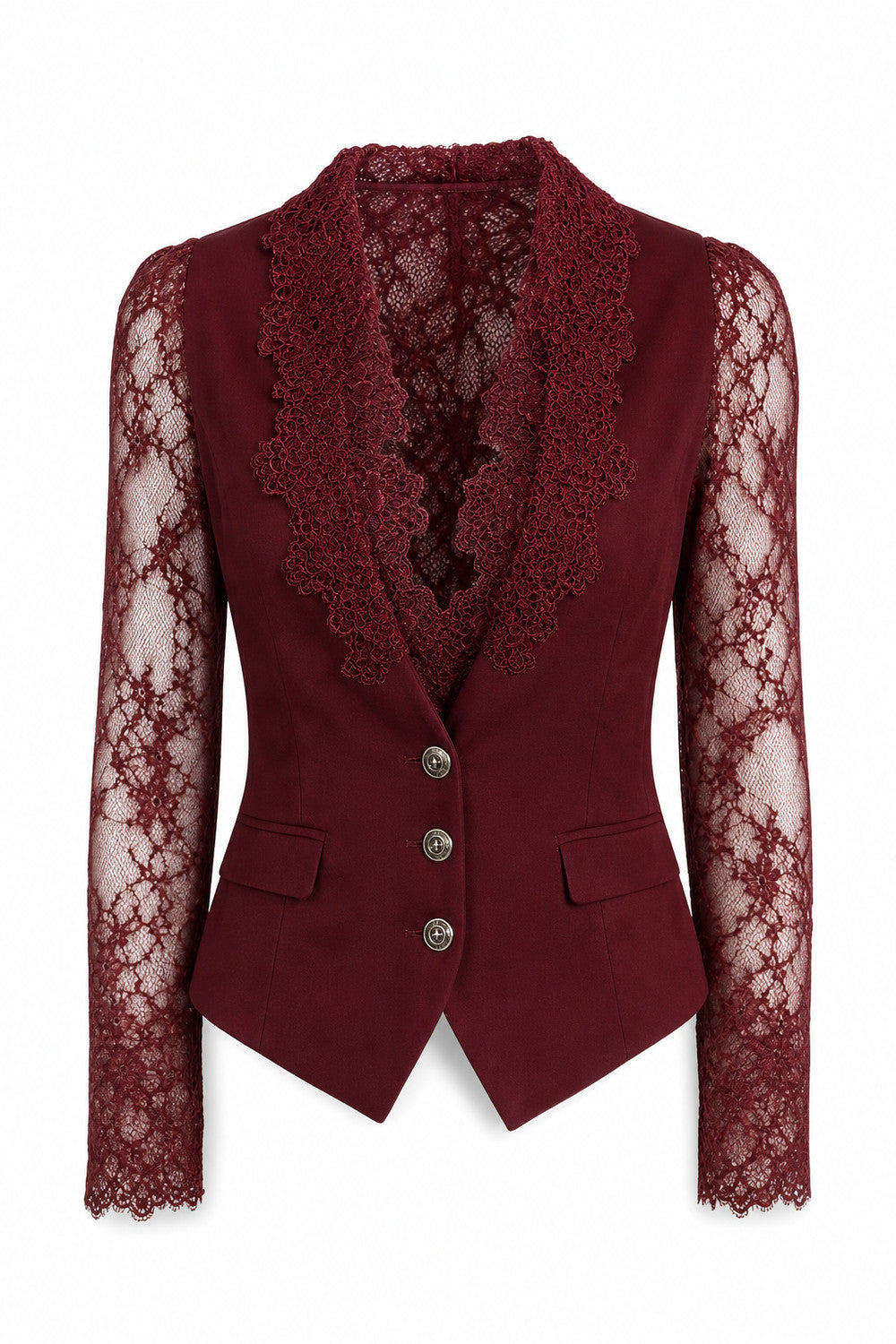 Blazer met semi-transparante kanten mouwen in Bordeaux – productfoto op wit