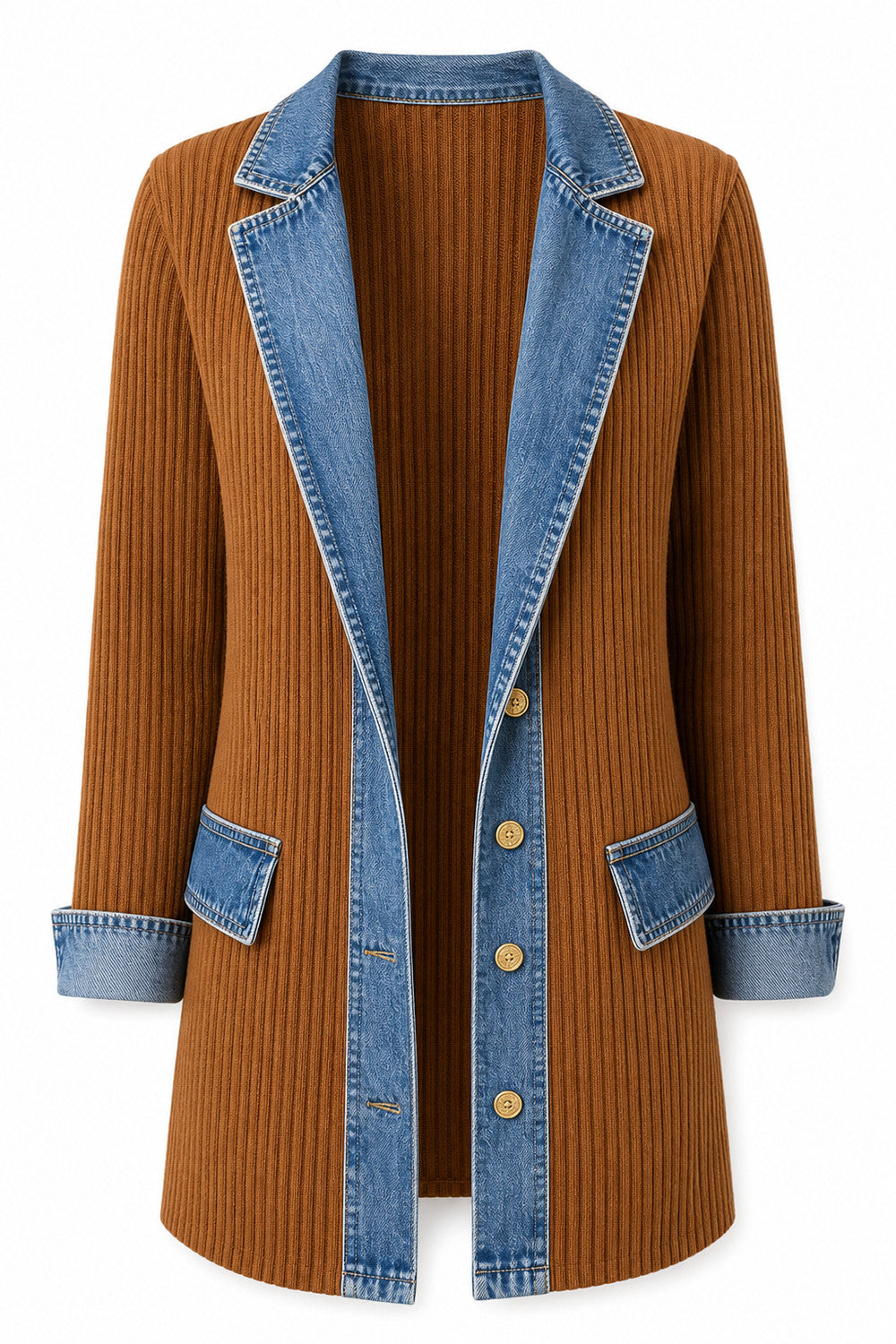 Elegante denimjas voor dames met geribbelde brei-inzetstukken in Bruin – productfoto zonder model