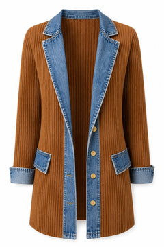 Elegante denimjas voor dames met geribbelde brei-inzetstukken in Bruin – productfoto zonder model