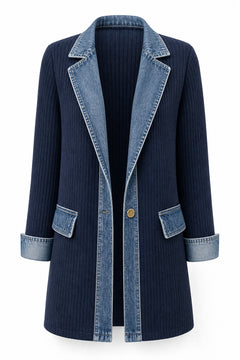 Elegante denimjas voor dames met geribbelde brei-inzetstukken in Marineblauw – productfoto zonder model