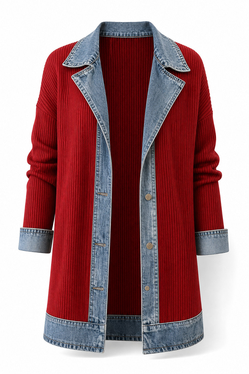 Elegante denimjas voor dames met geribbelde brei-inzetstukken in Rood – productfoto zonder model