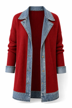 Elegante denimjas voor dames met geribbelde brei-inzetstukken in Rood – productfoto zonder model