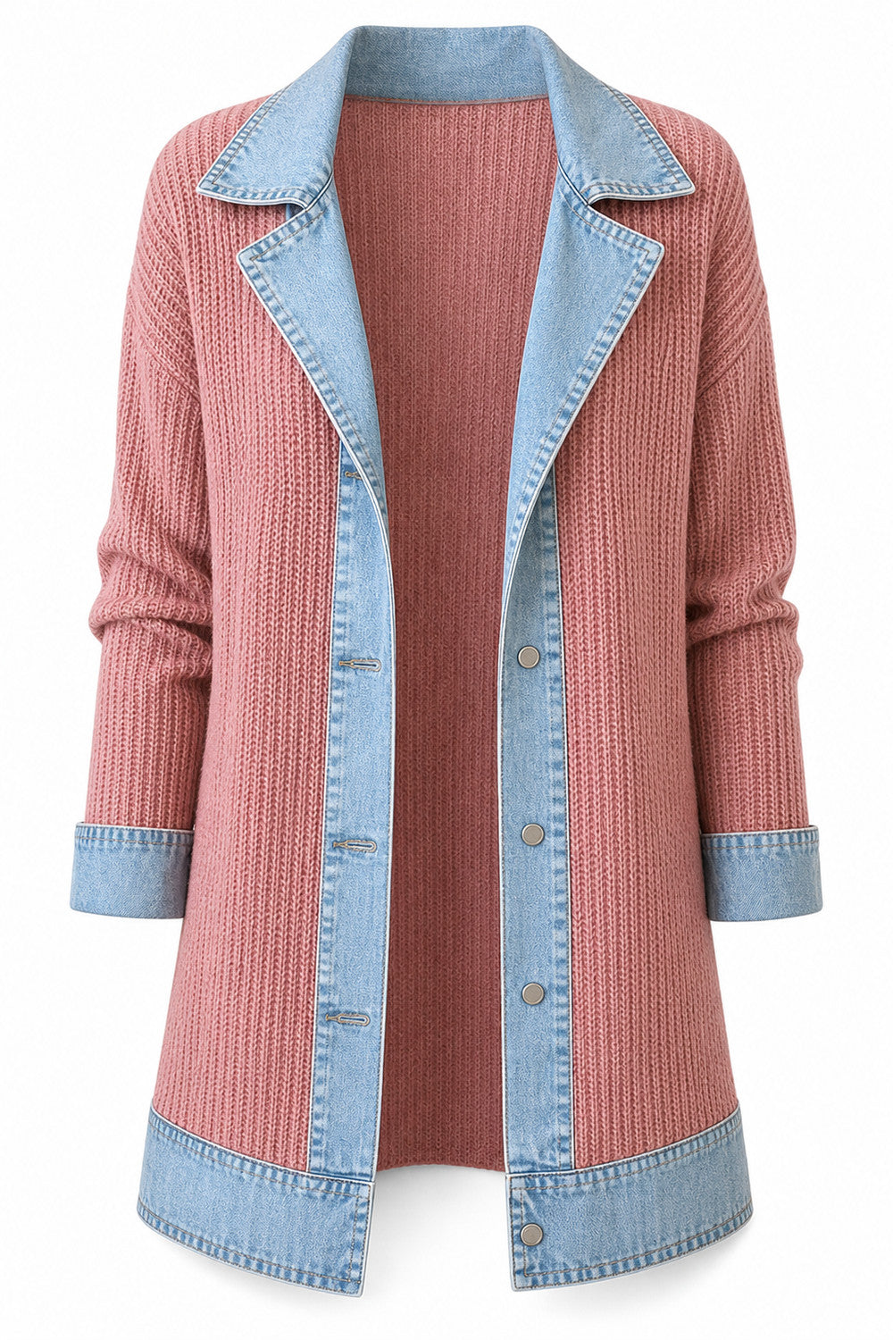 Elegante denimjas voor dames met geribbelde brei-inzetstukken in Roze – productfoto zonder model