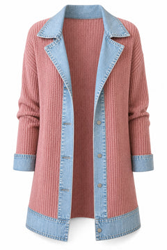 Elegante denimjas voor dames met geribbelde brei-inzetstukken in Roze – productfoto zonder model