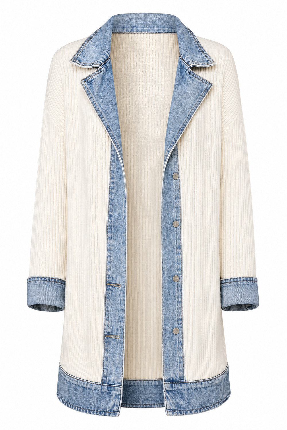 Elegante denimjas voor dames met geribbelde brei-inzetstukken in Wit – productfoto zonder model