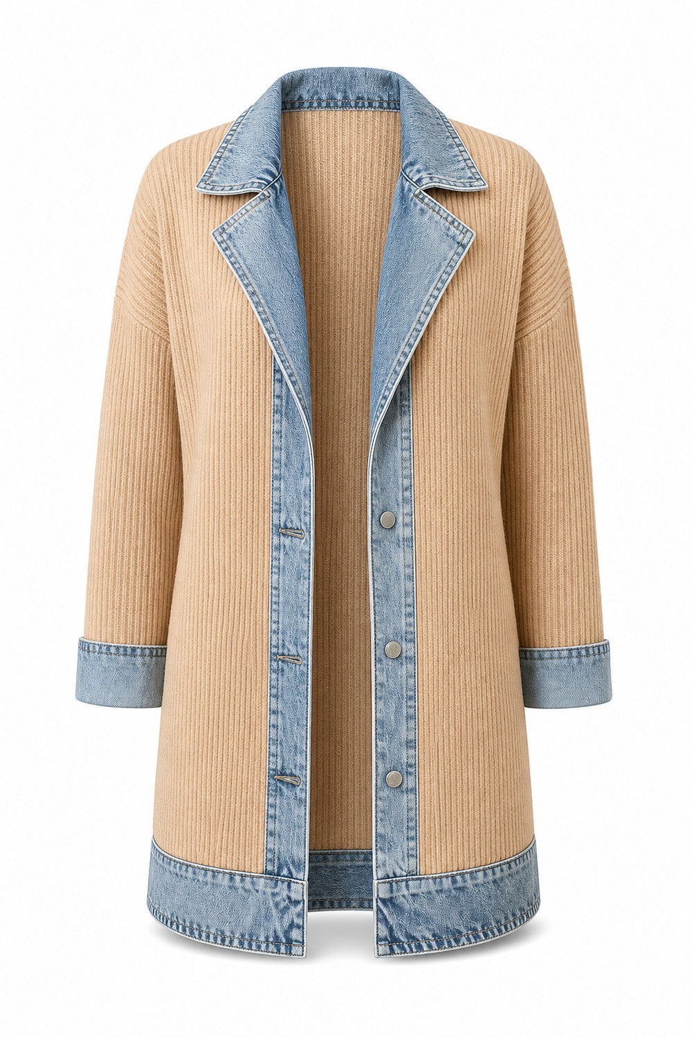 Elegante denimjas voor dames met geribbelde brei-inzetstukken in Zandbeige – productfoto zonder model