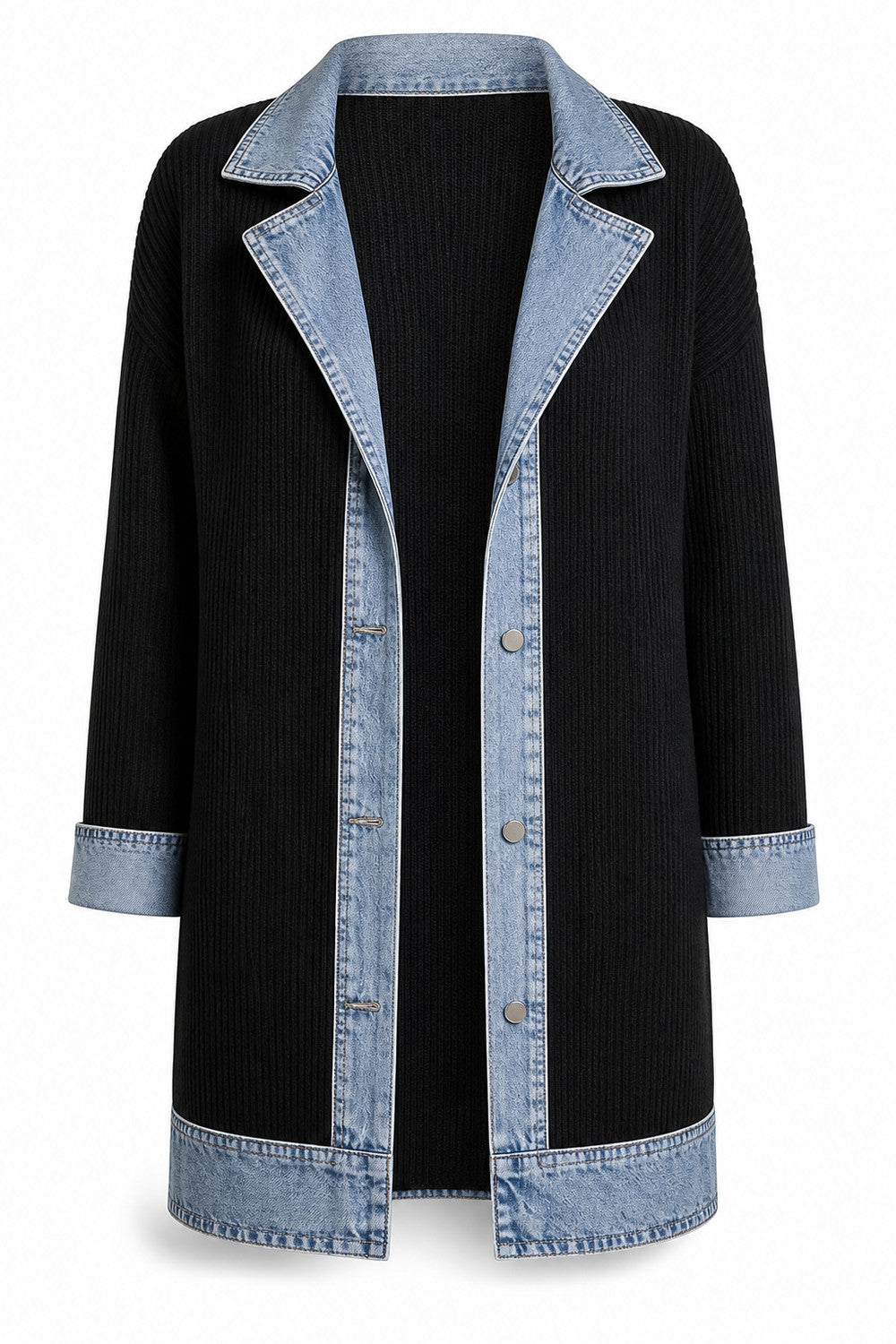 Elegante denimjas voor dames met geribbelde brei-inzetstukken in Zwart – productfoto zonder model