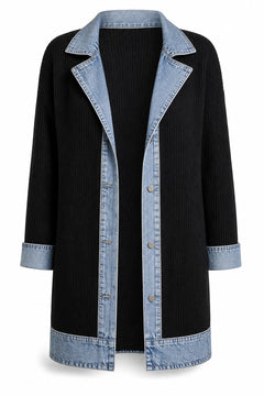 Elegante denimjas voor dames met geribbelde brei-inzetstukken in Zwart – productfoto zonder model