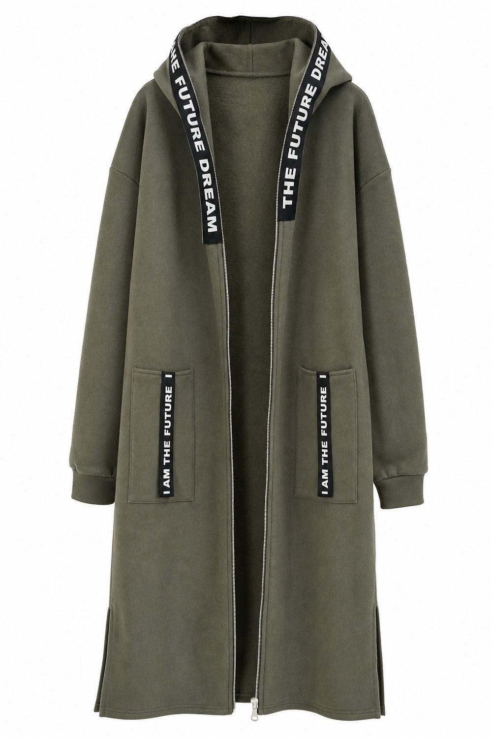 Roos Lange Vest met Kap in Olijfgroen – productfoto zonder model