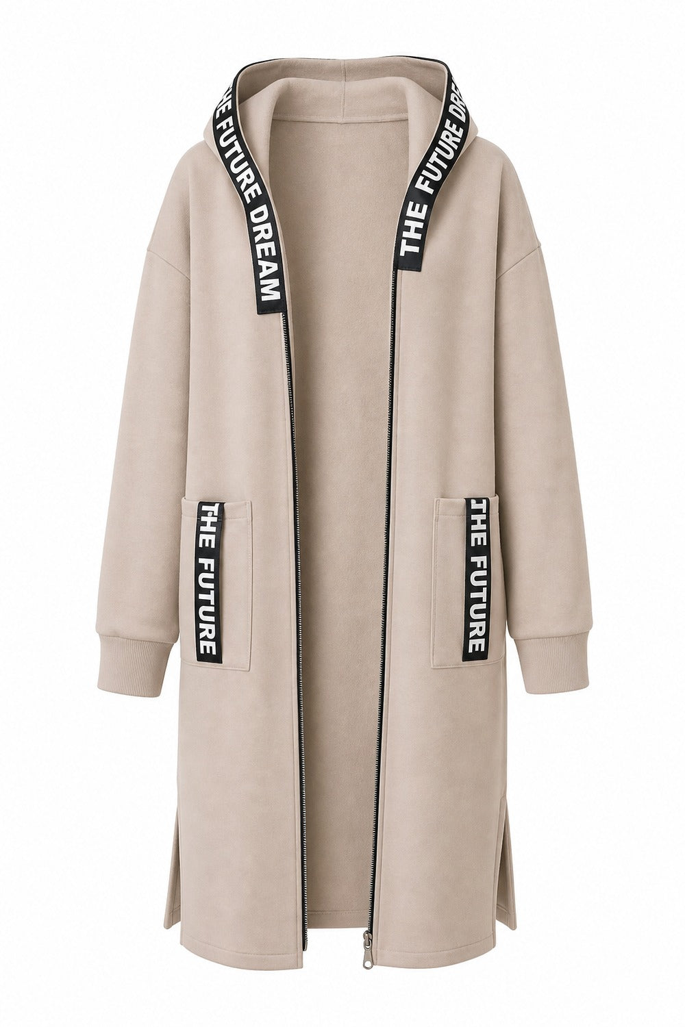 Roos Lange Vest met Kap in Zandbeige – productfoto zonder model