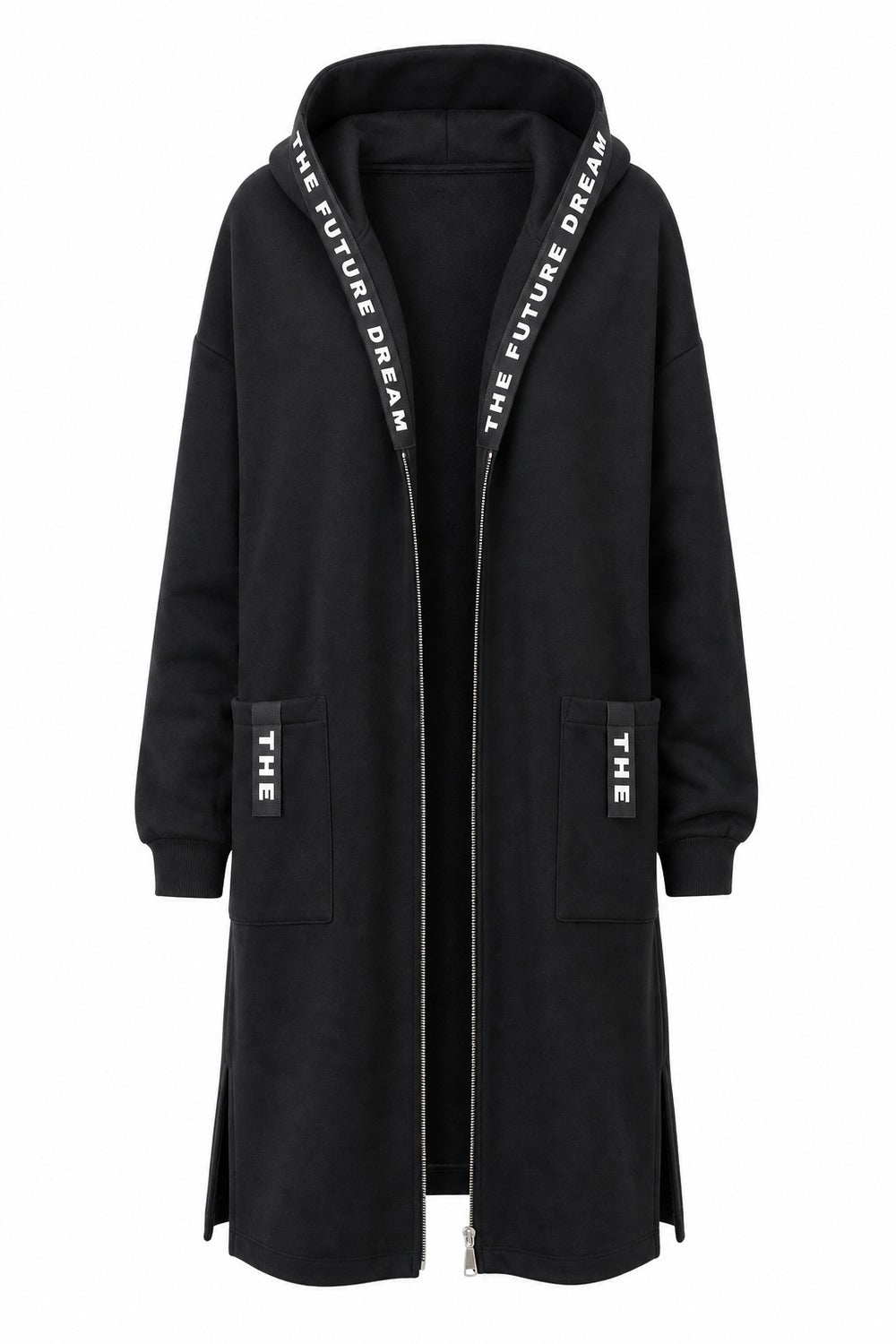 Roos Lange Vest met Kap in Zwart – productfoto zonder model