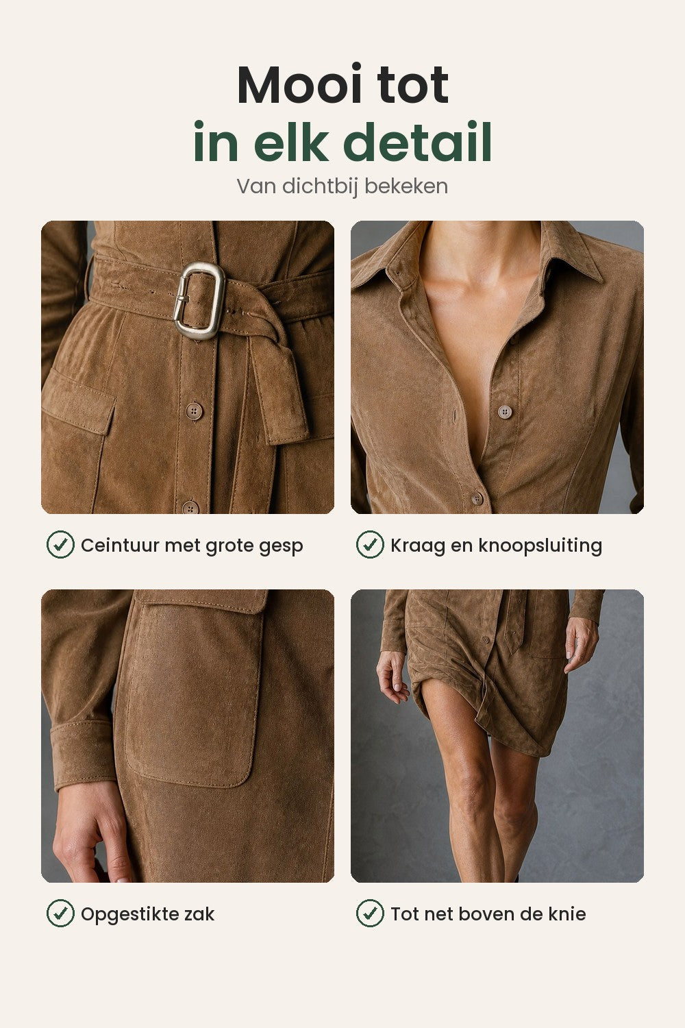 Sanne Suède Blousejurk – verkoopbeeld: details van dichtbij